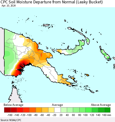 Papua New Guinea CPC Soil Moisture Departure from Normal (Leaky Bucket) Thematic Map For 4/6/2024 - 4/10/2024