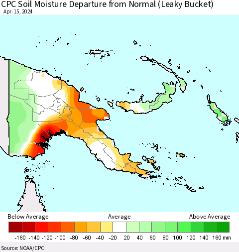 Papua New Guinea CPC Soil Moisture Departure from Normal (Leaky Bucket) Thematic Map For 4/11/2024 - 4/15/2024