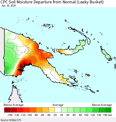 Papua New Guinea CPC Soil Moisture Departure from Normal (Leaky Bucket) Thematic Map For 4/16/2024 - 4/20/2024