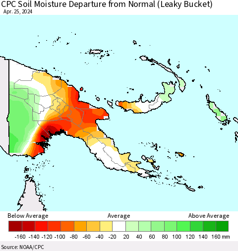 Papua New Guinea CPC Soil Moisture Departure from Normal (Leaky Bucket) Thematic Map For 4/21/2024 - 4/25/2024