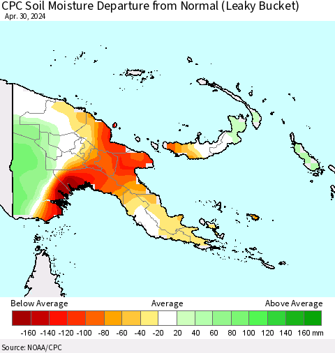 Papua New Guinea CPC Soil Moisture Departure from Normal (Leaky Bucket) Thematic Map For 4/26/2024 - 4/30/2024