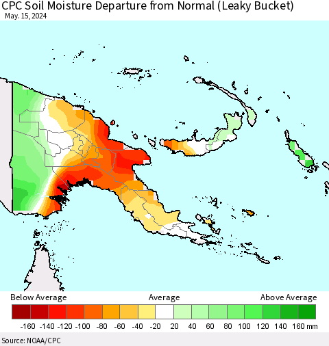 Papua New Guinea CPC Soil Moisture Departure from Normal (Leaky Bucket) Thematic Map For 5/11/2024 - 5/15/2024