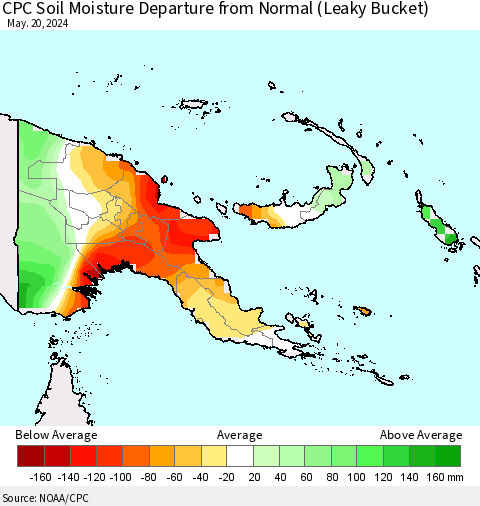 Papua New Guinea CPC Soil Moisture Departure from Normal (Leaky Bucket) Thematic Map For 5/16/2024 - 5/20/2024