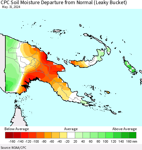 Papua New Guinea CPC Soil Moisture Departure from Normal (Leaky Bucket) Thematic Map For 5/26/2024 - 5/31/2024