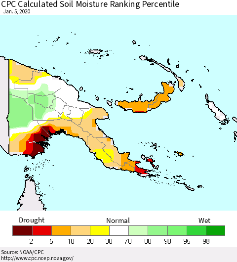 Papua New Guinea CPC Soil Moisture Ranking Percentile (Leaky Bucket) Thematic Map For 1/1/2020 - 1/5/2020