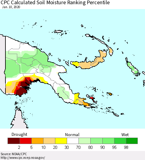 Papua New Guinea CPC Soil Moisture Ranking Percentile (Leaky Bucket) Thematic Map For 1/6/2020 - 1/10/2020