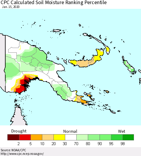 Papua New Guinea CPC Soil Moisture Ranking Percentile (Leaky Bucket) Thematic Map For 1/11/2020 - 1/15/2020