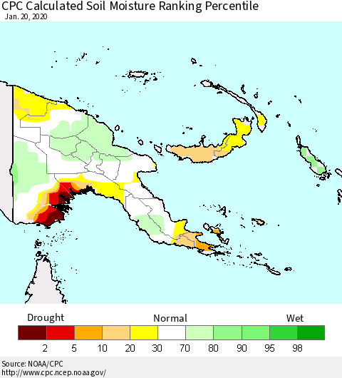 Papua New Guinea CPC Soil Moisture Ranking Percentile (Leaky Bucket) Thematic Map For 1/16/2020 - 1/20/2020