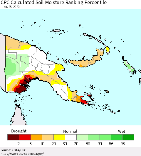 Papua New Guinea CPC Soil Moisture Ranking Percentile (Leaky Bucket) Thematic Map For 1/21/2020 - 1/25/2020