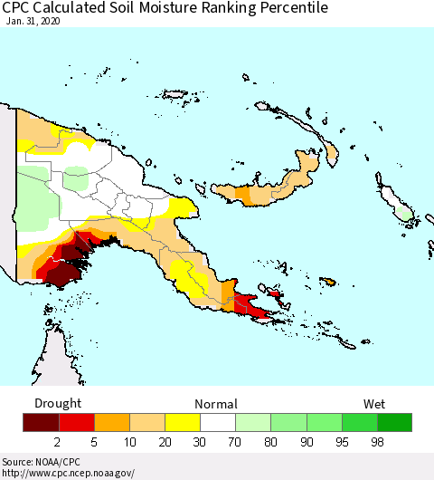 Papua New Guinea CPC Soil Moisture Ranking Percentile (Leaky Bucket) Thematic Map For 1/26/2020 - 1/31/2020