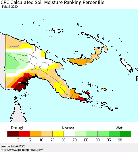 Papua New Guinea CPC Soil Moisture Ranking Percentile (Leaky Bucket) Thematic Map For 2/1/2020 - 2/5/2020