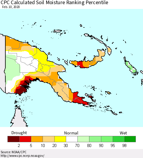 Papua New Guinea CPC Soil Moisture Ranking Percentile (Leaky Bucket) Thematic Map For 2/6/2020 - 2/10/2020
