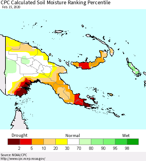 Papua New Guinea CPC Soil Moisture Ranking Percentile (Leaky Bucket) Thematic Map For 2/11/2020 - 2/15/2020