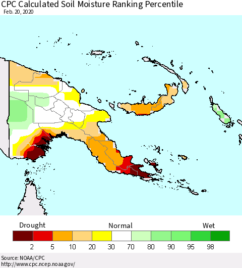Papua New Guinea CPC Soil Moisture Ranking Percentile (Leaky Bucket) Thematic Map For 2/16/2020 - 2/20/2020