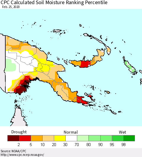 Papua New Guinea CPC Soil Moisture Ranking Percentile (Leaky Bucket) Thematic Map For 2/21/2020 - 2/25/2020