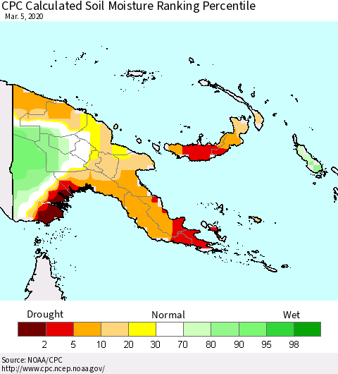 Papua New Guinea CPC Soil Moisture Ranking Percentile (Leaky Bucket) Thematic Map For 3/1/2020 - 3/5/2020
