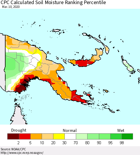 Papua New Guinea CPC Soil Moisture Ranking Percentile (Leaky Bucket) Thematic Map For 3/6/2020 - 3/10/2020