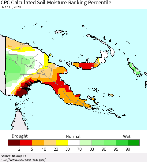 Papua New Guinea CPC Soil Moisture Ranking Percentile (Leaky Bucket) Thematic Map For 3/11/2020 - 3/15/2020