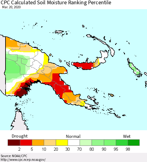 Papua New Guinea CPC Soil Moisture Ranking Percentile (Leaky Bucket) Thematic Map For 3/16/2020 - 3/20/2020