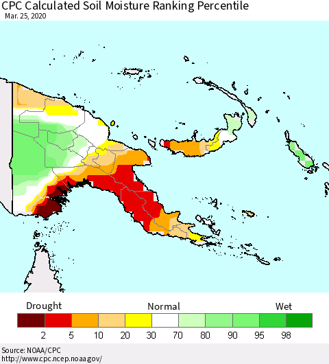 Papua New Guinea CPC Soil Moisture Ranking Percentile (Leaky Bucket) Thematic Map For 3/21/2020 - 3/25/2020