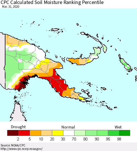 Papua New Guinea CPC Soil Moisture Ranking Percentile (Leaky Bucket) Thematic Map For 3/26/2020 - 3/31/2020