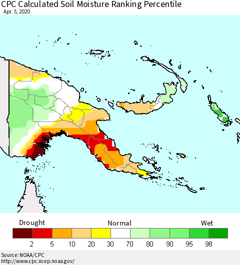 Papua New Guinea CPC Soil Moisture Ranking Percentile (Leaky Bucket) Thematic Map For 4/1/2020 - 4/5/2020