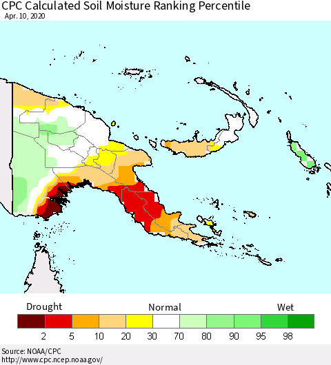 Papua New Guinea CPC Soil Moisture Ranking Percentile (Leaky Bucket) Thematic Map For 4/6/2020 - 4/10/2020