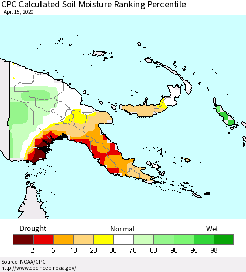 Papua New Guinea CPC Soil Moisture Ranking Percentile (Leaky Bucket) Thematic Map For 4/11/2020 - 4/15/2020