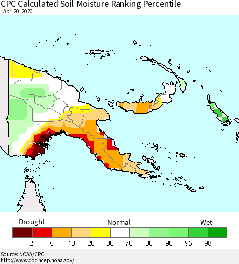 Papua New Guinea CPC Soil Moisture Ranking Percentile (Leaky Bucket) Thematic Map For 4/16/2020 - 4/20/2020