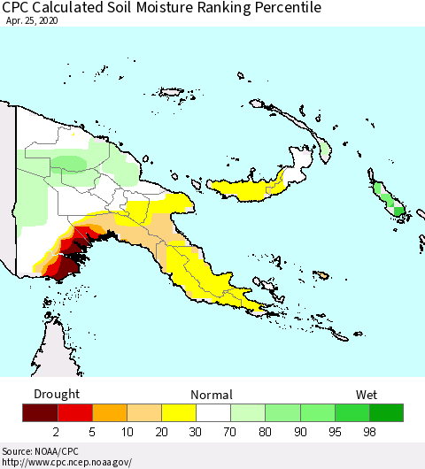Papua New Guinea CPC Soil Moisture Ranking Percentile (Leaky Bucket) Thematic Map For 4/21/2020 - 4/25/2020