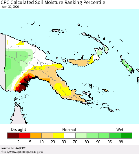 Papua New Guinea CPC Soil Moisture Ranking Percentile (Leaky Bucket) Thematic Map For 4/26/2020 - 4/30/2020