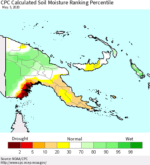 Papua New Guinea CPC Soil Moisture Ranking Percentile (Leaky Bucket) Thematic Map For 5/1/2020 - 5/5/2020
