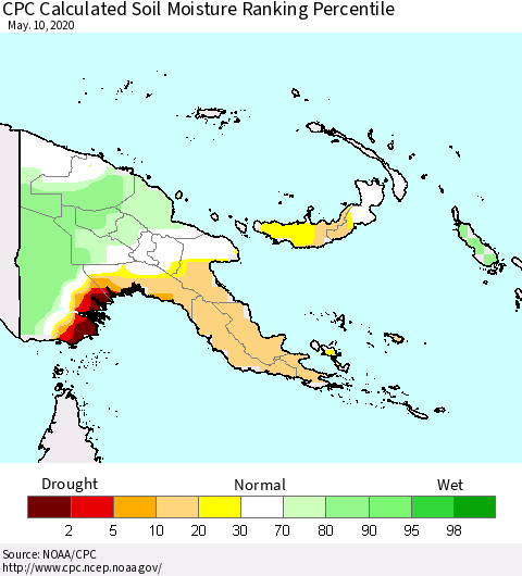 Papua New Guinea CPC Soil Moisture Ranking Percentile (Leaky Bucket) Thematic Map For 5/6/2020 - 5/10/2020