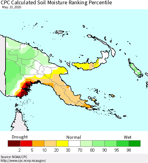 Papua New Guinea CPC Soil Moisture Ranking Percentile (Leaky Bucket) Thematic Map For 5/11/2020 - 5/15/2020