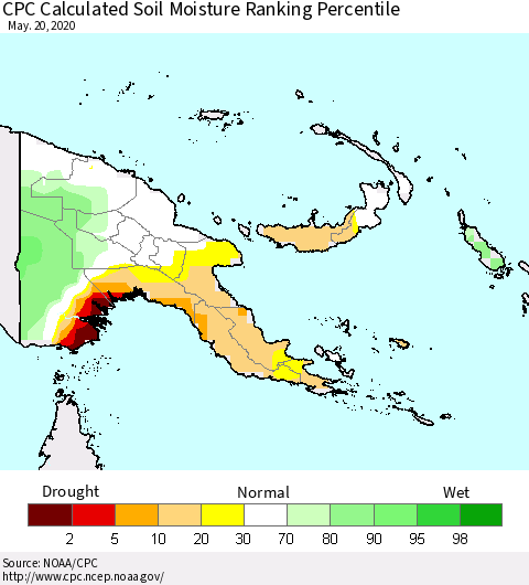 Papua New Guinea CPC Soil Moisture Ranking Percentile (Leaky Bucket) Thematic Map For 5/16/2020 - 5/20/2020