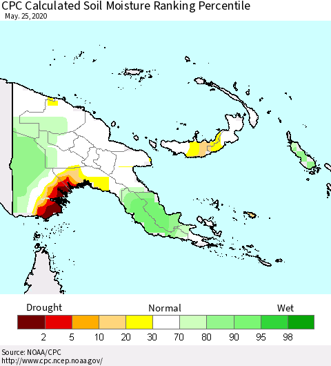 Papua New Guinea CPC Soil Moisture Ranking Percentile (Leaky Bucket) Thematic Map For 5/21/2020 - 5/25/2020
