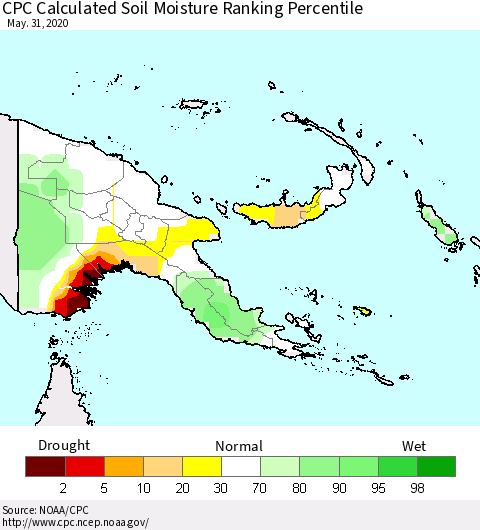 Papua New Guinea CPC Soil Moisture Ranking Percentile (Leaky Bucket) Thematic Map For 5/26/2020 - 5/31/2020