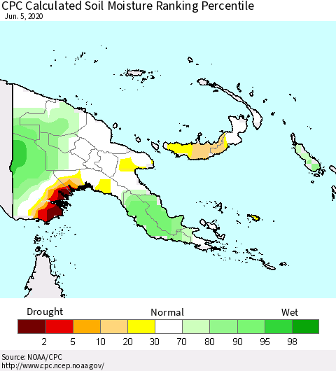 Papua New Guinea CPC Soil Moisture Ranking Percentile (Leaky Bucket) Thematic Map For 6/1/2020 - 6/5/2020