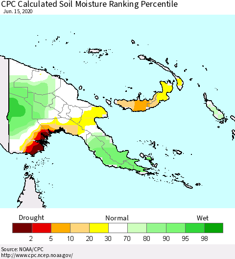 Papua New Guinea CPC Soil Moisture Ranking Percentile (Leaky Bucket) Thematic Map For 6/11/2020 - 6/15/2020