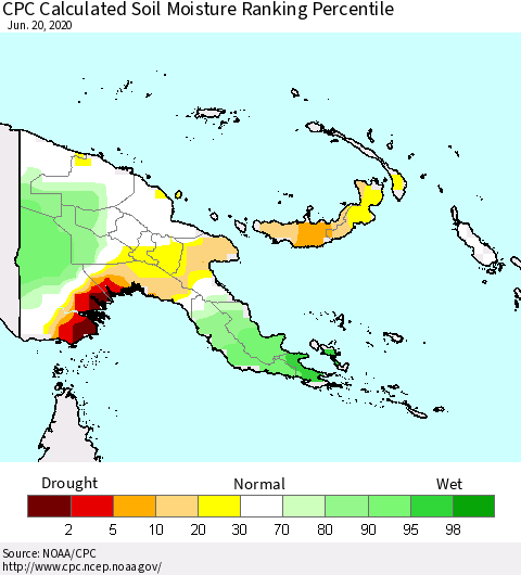 Papua New Guinea CPC Soil Moisture Ranking Percentile (Leaky Bucket) Thematic Map For 6/16/2020 - 6/20/2020