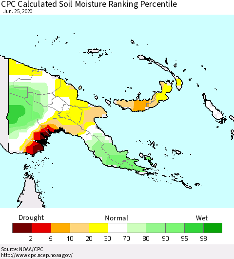 Papua New Guinea CPC Soil Moisture Ranking Percentile (Leaky Bucket) Thematic Map For 6/21/2020 - 6/25/2020