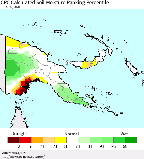 Papua New Guinea CPC Soil Moisture Ranking Percentile (Leaky Bucket) Thematic Map For 6/26/2020 - 6/30/2020