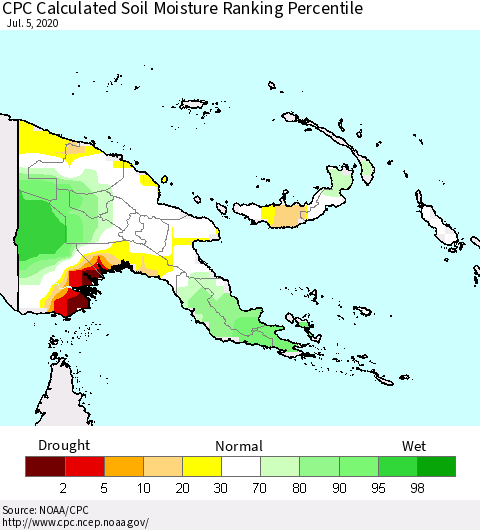 Papua New Guinea CPC Soil Moisture Ranking Percentile (Leaky Bucket) Thematic Map For 7/1/2020 - 7/5/2020