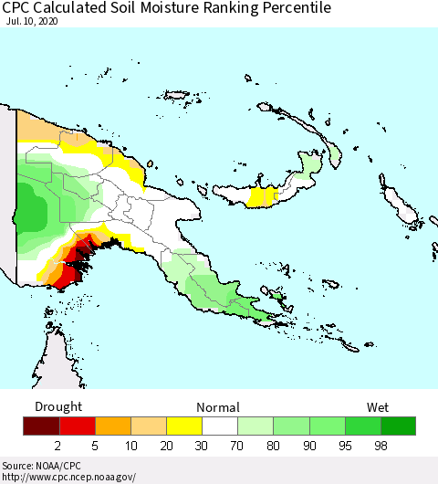 Papua New Guinea CPC Soil Moisture Ranking Percentile (Leaky Bucket) Thematic Map For 7/6/2020 - 7/10/2020