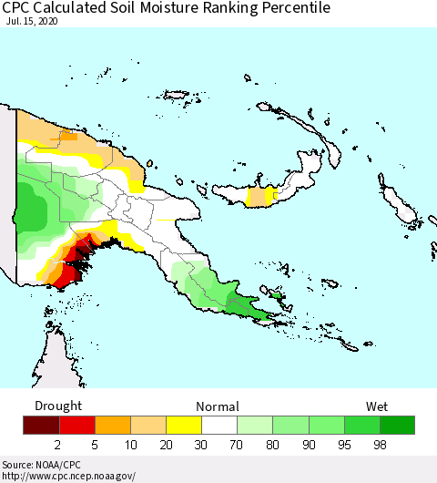 Papua New Guinea CPC Soil Moisture Ranking Percentile (Leaky Bucket) Thematic Map For 7/11/2020 - 7/15/2020