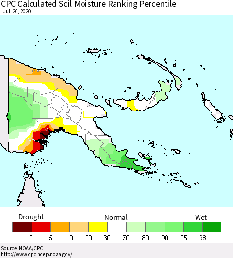 Papua New Guinea CPC Soil Moisture Ranking Percentile (Leaky Bucket) Thematic Map For 7/16/2020 - 7/20/2020