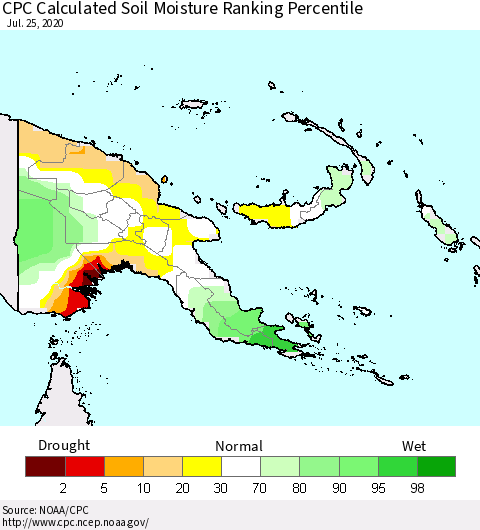 Papua New Guinea CPC Soil Moisture Ranking Percentile (Leaky Bucket) Thematic Map For 7/21/2020 - 7/25/2020