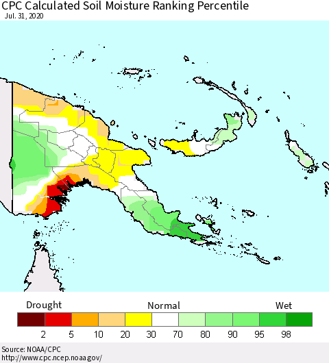 Papua New Guinea CPC Soil Moisture Ranking Percentile (Leaky Bucket) Thematic Map For 7/26/2020 - 7/31/2020