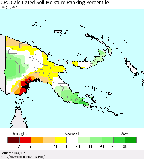 Papua New Guinea CPC Soil Moisture Ranking Percentile (Leaky Bucket) Thematic Map For 8/1/2020 - 8/5/2020