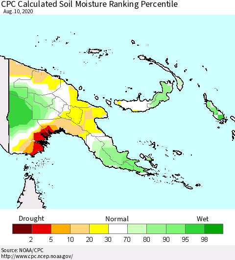 Papua New Guinea CPC Soil Moisture Ranking Percentile (Leaky Bucket) Thematic Map For 8/6/2020 - 8/10/2020